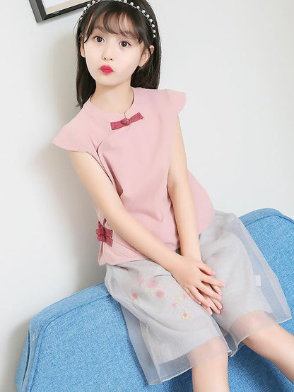 Casual Chinese Style Cotton Little Girl Suit Pants and T-shirt
