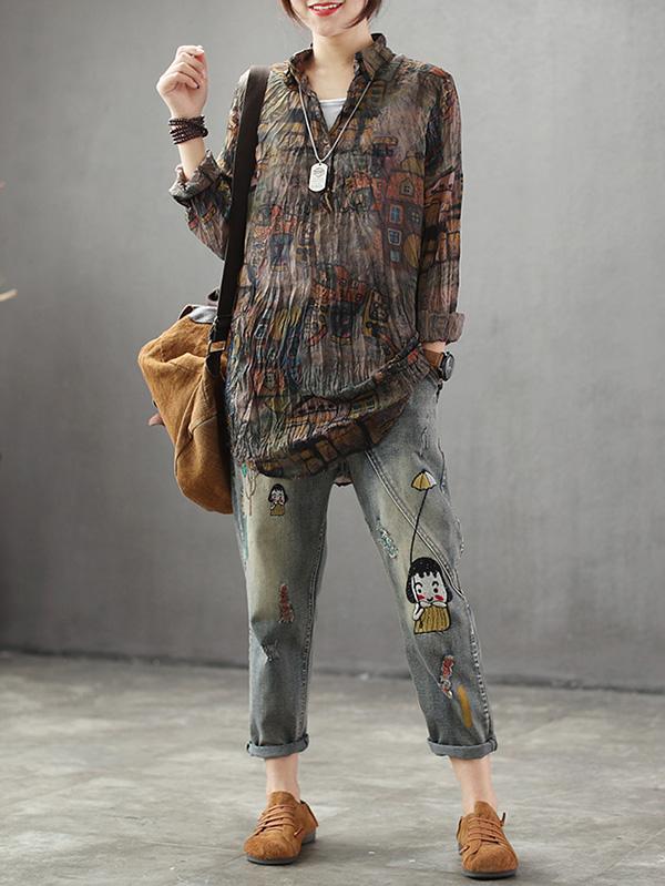 High-low Vintage Loose Printed Blouse Top