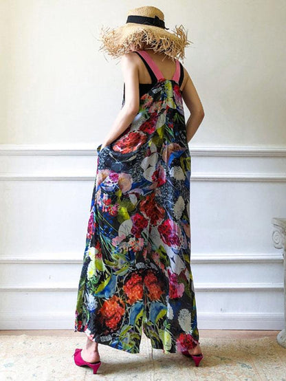 Retro Flower Printed V-neck Jumpsuit