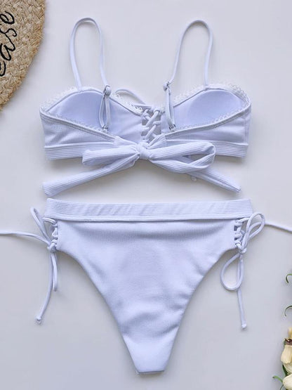Solid Color Bandage Hollow Split Bikini Swimsuit