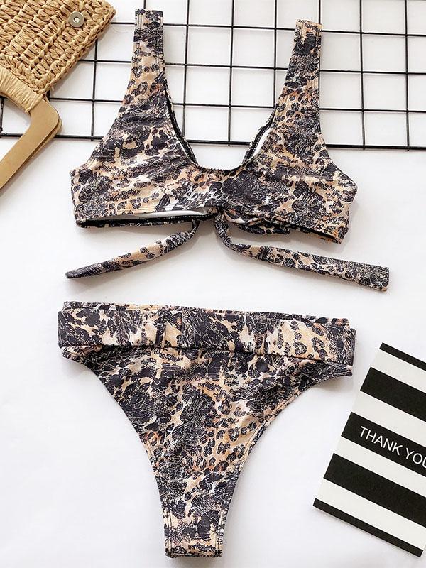 Leopard Gradient Belt Bikini Swimsuit