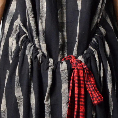 Buykud Retro Stripe Plaid Lacing Loose Black Slip Dress
