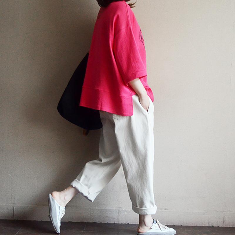 Cotton Loose Print Round Neck Blouse