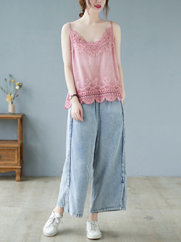 Original Solid Sleeveless Lace&Hollow V-Neck Vest