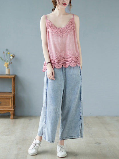 Original Solid Sleeveless Lace&Hollow V-Neck Vest