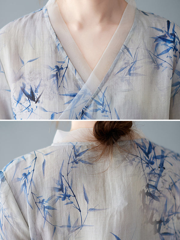 Artistic Retro Loose Floral Printed Tied V-Neck Midi Dress