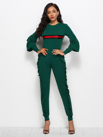 Striped Falbala With Pockets Sports Jumpsuit