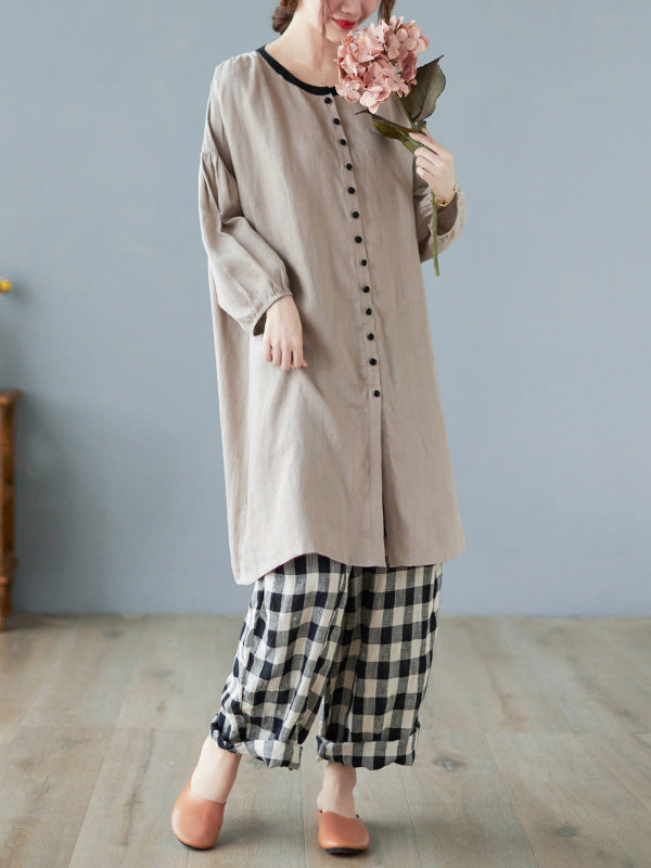 Causal Ramie Cotton Buttoned Round-Neck Long Sleeves Loose Midi Dress