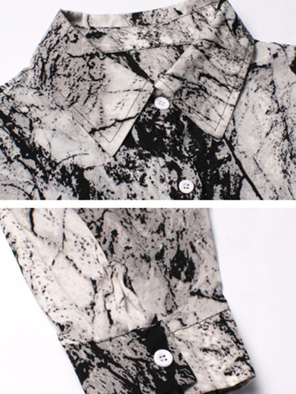 Fashion Ink-Printing Lapel Long Sleeves Blouse+ Elastics Wide Leg Shorts Suit