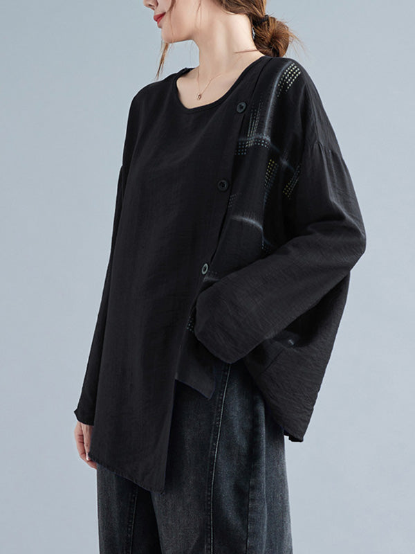 Casual Asymmetric Buttoned Round-Neck Long Sleeves T-Shirt Tops