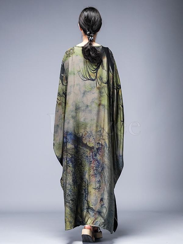 Loose Lace-up Printed Long Dress