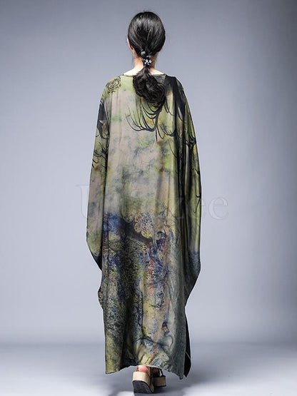 Loose Lace-up Printed Long Dress