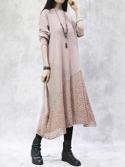 Artistic Retro Solid Color Split-Joint Embroidered Hollow Lace Stand Collar Long Sleeves Knitted Sweater Dress