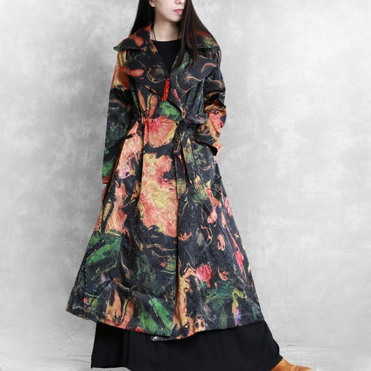 Buykud Fashion Printed Lacing Casual Loose Trench Coat