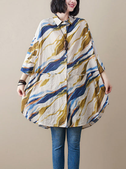 Artistic Retro Contrast Color Printed Split-Joint Blouse