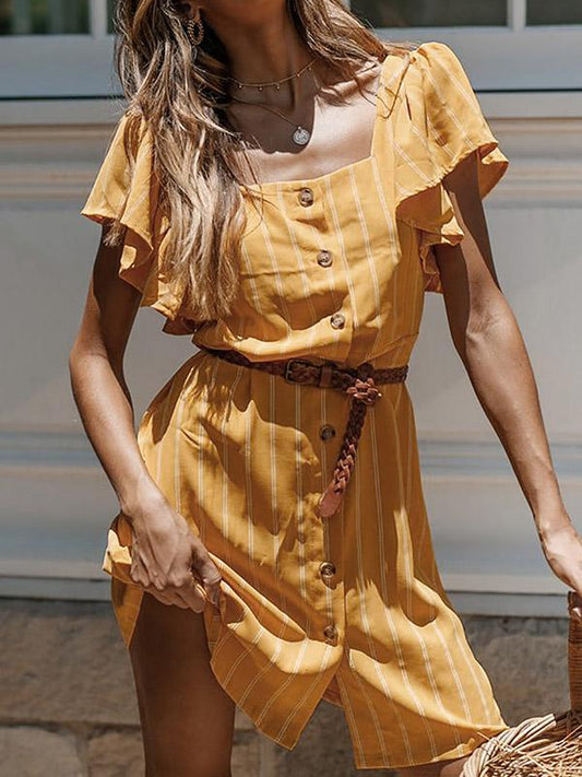 Square Collar Casual Stripped Mini Dress
