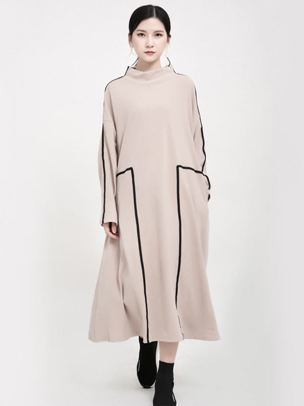Casual Contrast Color Split-Joint Stand Collar Long Sleeves Midi Dress