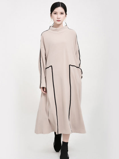 Casual Contrast Color Split-Joint Stand Collar Long Sleeves Midi Dress