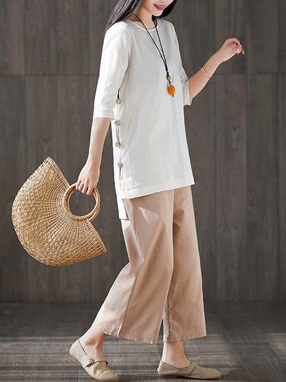 Solid Short Sleeves Shirt + Straight Leg Pants