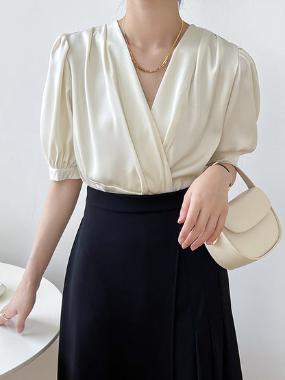 Office V-Neck Half Sleeves Solid Color Blouse