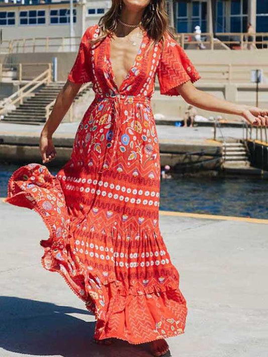 Split-joint Printed Bohemia Maxi Dress