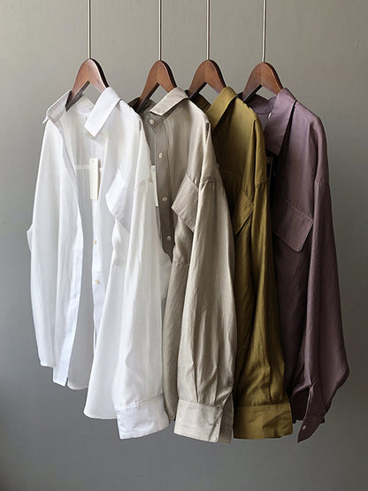 Casual Loose Solid Color Lapel Collar Long Sleeves Shirts