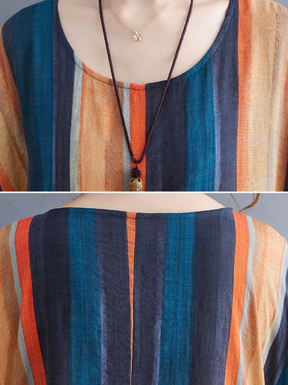 Colorful Stripe Split-Joint Round-Neck Long Dress