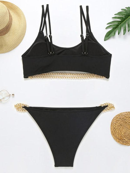 Solid Color Chain Split Bikini Swimsuit