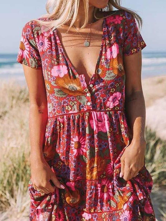 Printed V-neck Short Sleeve Mini Dress