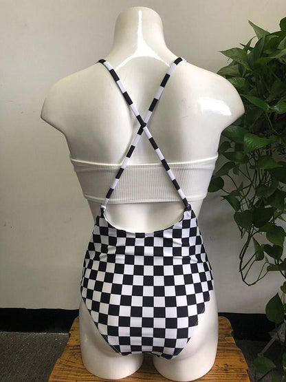 Plaid Strapless Lace-up Bikini Swimsuit