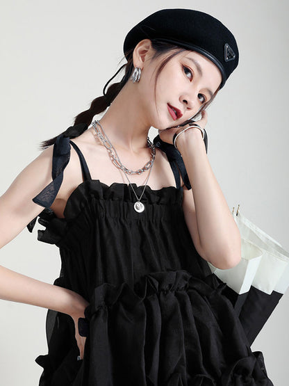 Stylish Cropped Pleated Split-Joint Bandage Spaghetti-Neck Midi Dress