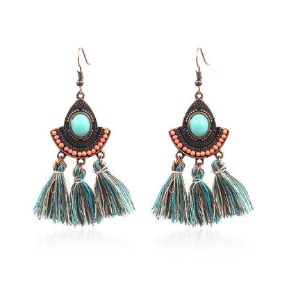 Buykud Bohemian Style Casual Turquoise Tassel Earrings