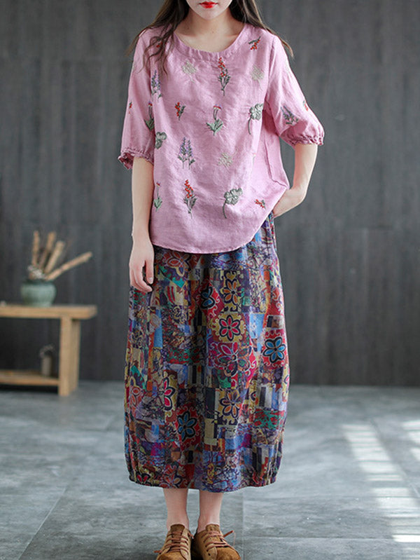 Ramie Cotton Embroidered Round-Neck Short Sleeve T-Shirts Tops