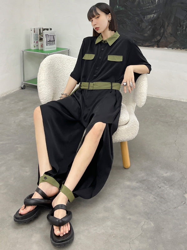 Stylish Belted Polo Collar Half Sleeve High-Waisted Jumpsuits