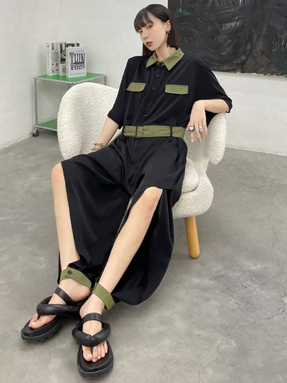 Stylish Belted Polo Collar Half Sleeve High-Waisted Jumpsuits