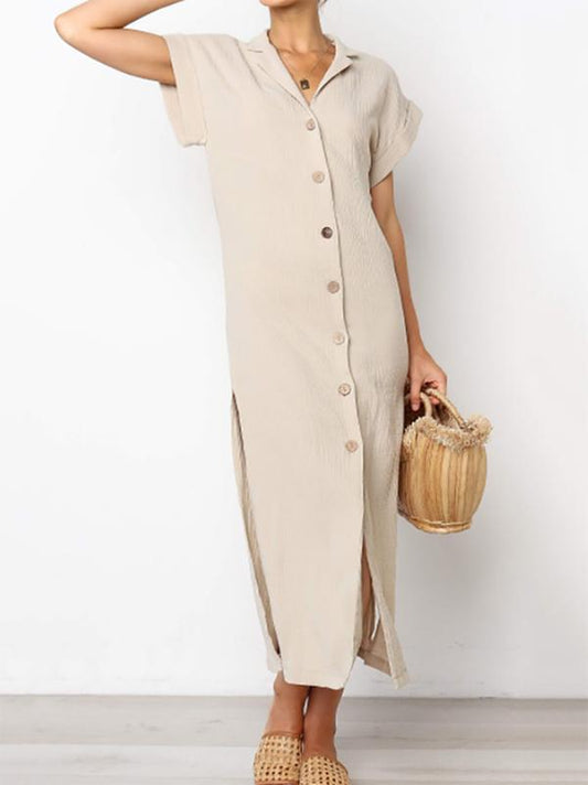 Simple Split-side V-neck Shirt Midi Dress
