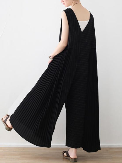 Black Striped Split-joint Ruffled Sleeveless Jumpsuits
