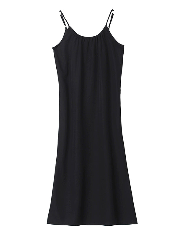 Leisure Fashion Loose Solid Color Pleated Spaghetti-Neck Midi Dress