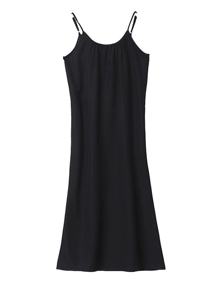 Leisure Fashion Loose Solid Color Pleated Spaghetti-Neck Midi Dress