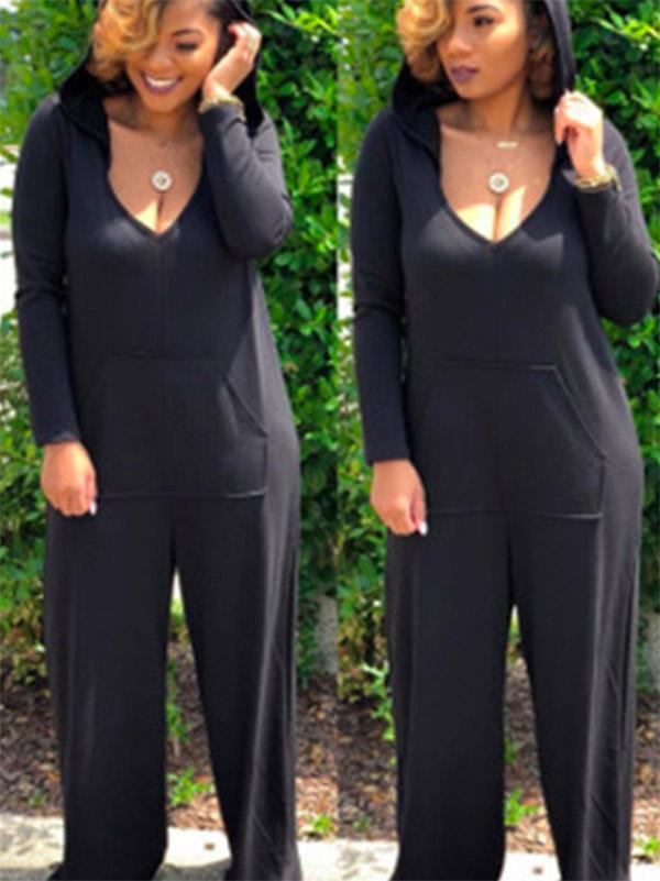 Loose Solid Pocket Hoodie Wide Leg Jumpsuits