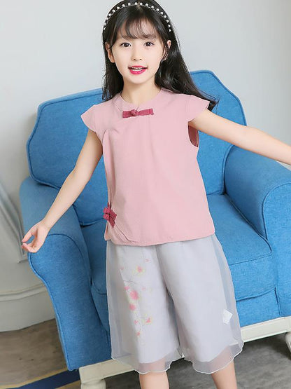 Casual Chinese Style Cotton Little Girl Suit Pants and T-shirt