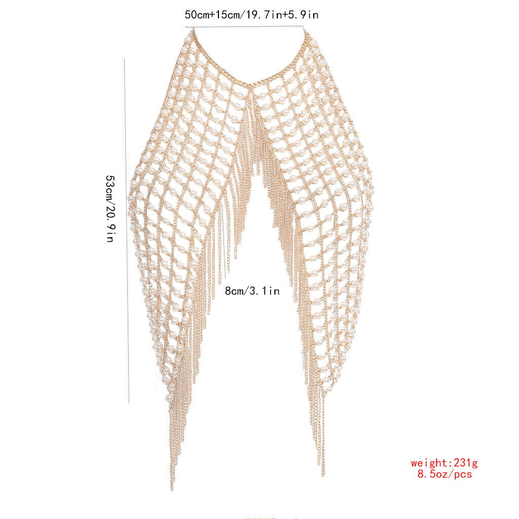 Sexy exaggerated pearl tassel chest chain