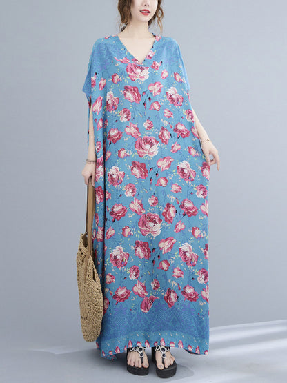 Loose Floral Printed V-Neck Short Sleeves Maxi Dress