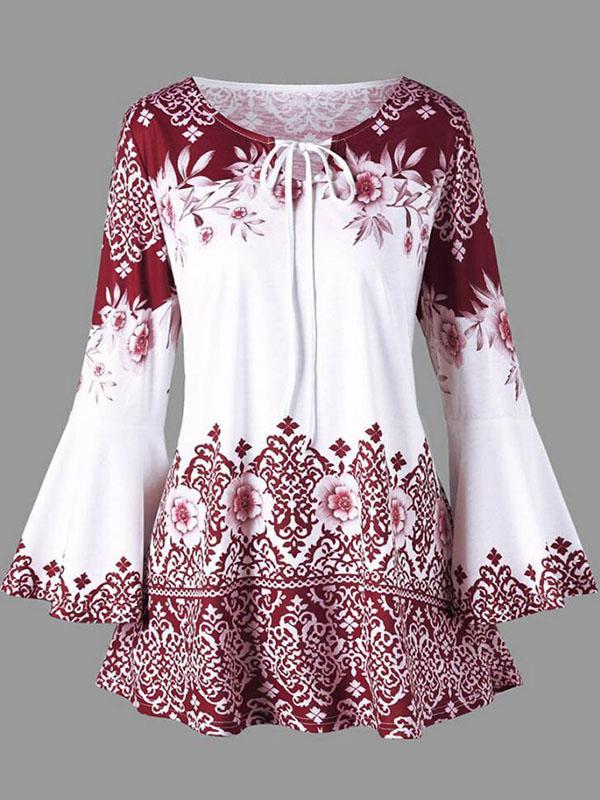 Puff Sleeves Printed A-Line  Blouses&Shirts Tops