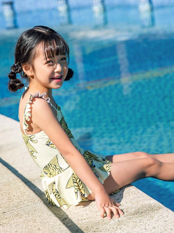 AONIHUA Fish Printed Lovely Ruffled Dress Swimwear