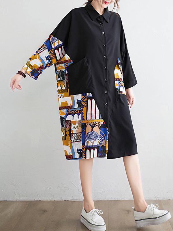Original Cartoon Printed Round-Neck Shirt Dress