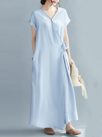 Casual Loose Solid Color Tied V-Neck Short Raglan Sleeves Maxi Dress