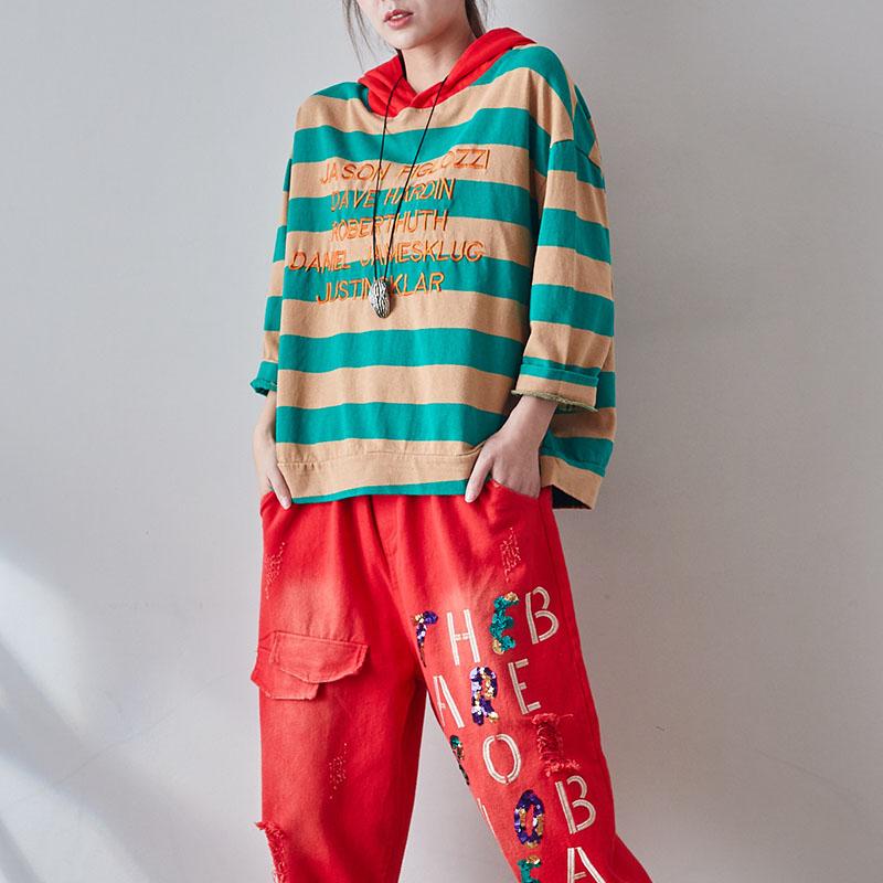 Buykud Stripes And Embroidered Letters Loose Hoodie