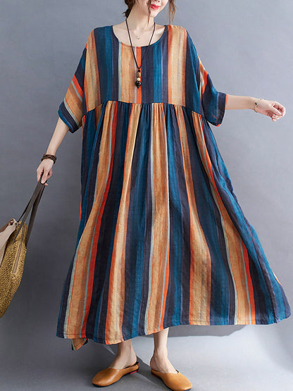Colorful Stripe Split-Joint Round-Neck Long Dress