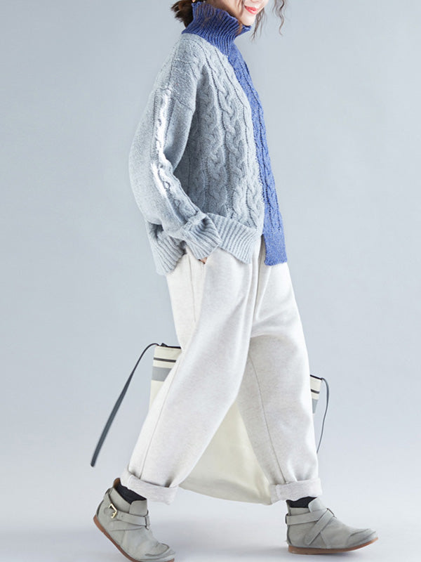 Casual Contrast Color Split-Front High-Neck Long Sleeves Sweater Tops